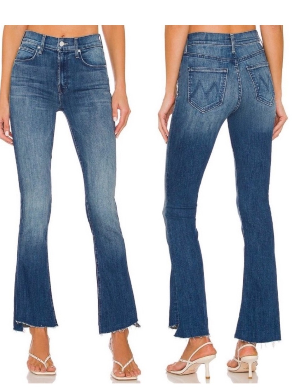 MOTHER Blue Mid-Rise Flare Jeans with Raw Hem